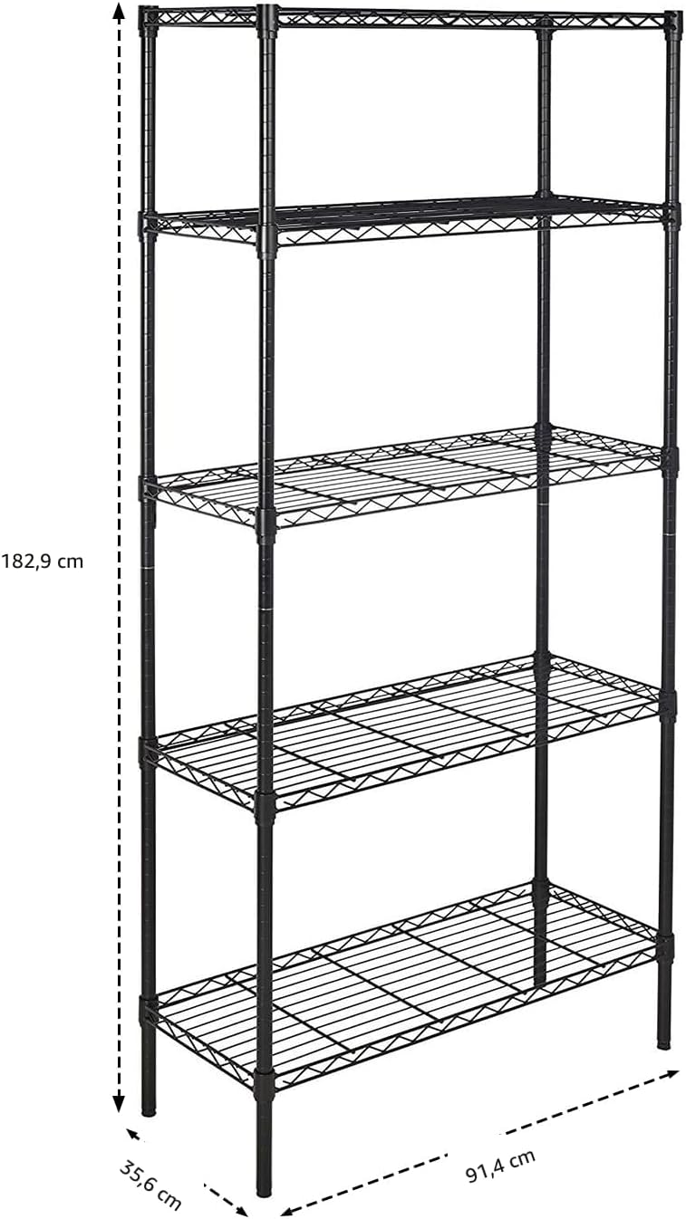 Amazon Basics Estantes de almacenamiento de alambre de acero resistentes ajustables con 5 estantes para garaje, cocina, fácil montaje, 36 x 14 x 72 pulgadas, color negro
