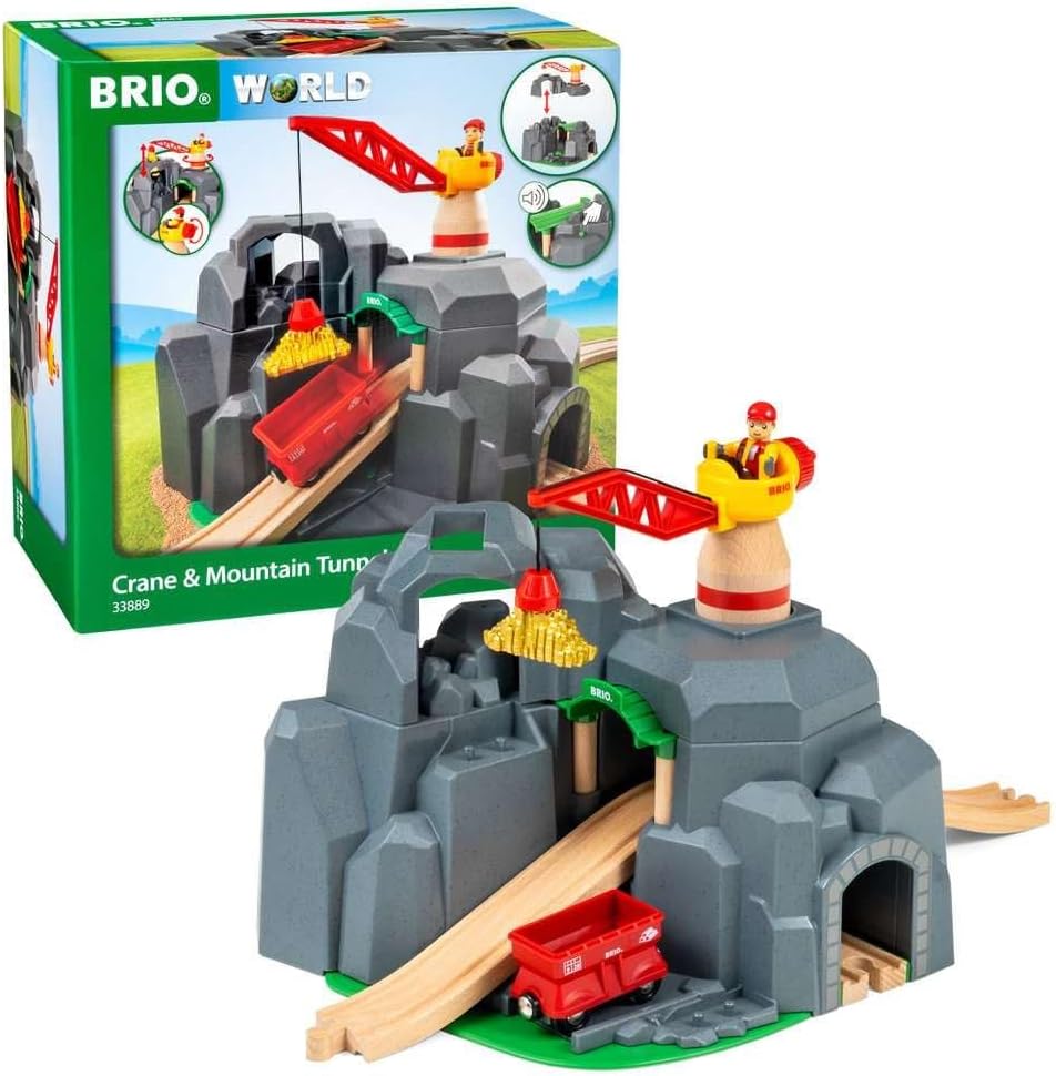 BRIO World - 33889 Crane & Mountain Tunnel | Accesorio de tren de juguete de 7 piezas para niños | Juego interactivo | Madera certificada FSC | Perfecto para edades de 3 años en adelante