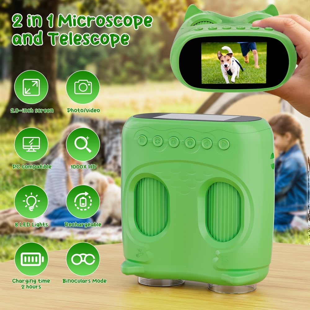 Microscopio digital 2 en 1 para niños, 2.0 pulgadas, 1000X, telescopio digital para niños, telescopio educativo portátil HD para regalo de cumpleaños de niños, juguetes divertidos de ciencia