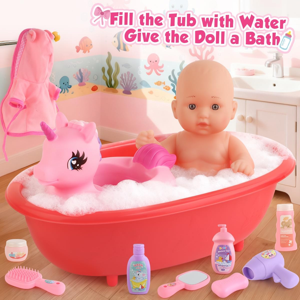 Juego de juguetes de baño para muñecas con bañera, muñecas de bebé...