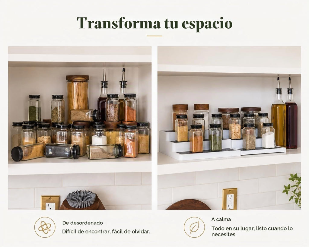 Paquete de 2, organizador de especias expandible de 3 niveles para gabinete y estante de despensa de cocina, estantes antideslizantes para especias, condimentos, alimentos enlatados, organizador de botiquín - Incluye embudos de silicona