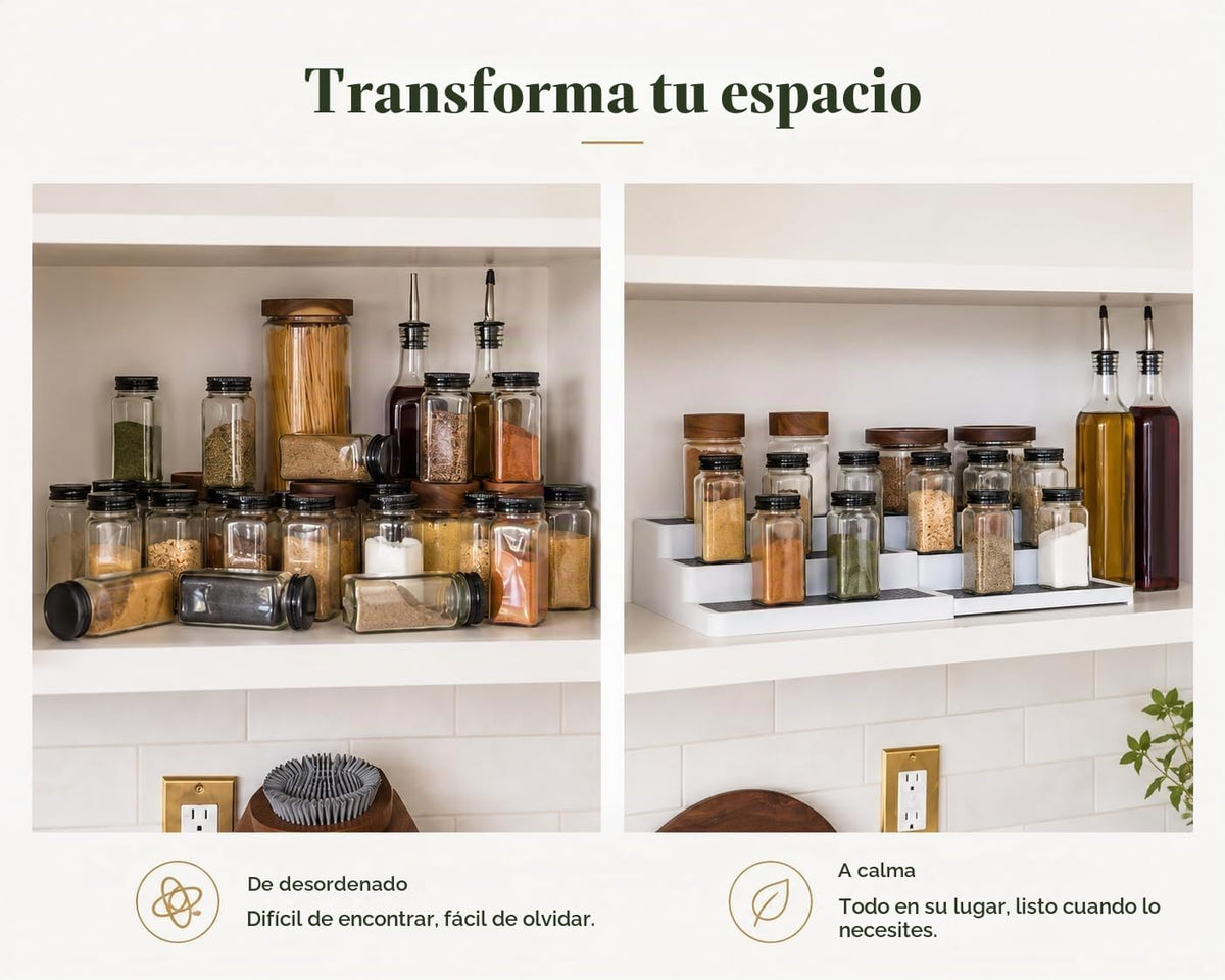 Paquete de 2, organizador de especias expandible de 3 niveles para gabinete y estante de despensa de cocina, estantes antideslizantes para especias, condimentos, alimentos enlatados, organizador de botiquín - Incluye embudos de silicona