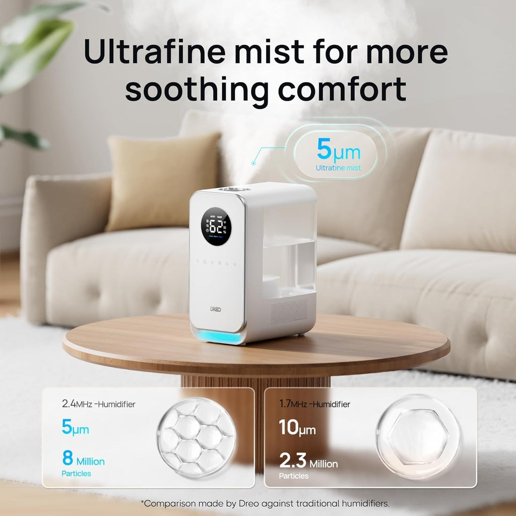DREO Humidificadores para dormitorio, humidificador inteligente silencioso de niebla fría para habitación grande, difusor de aceite y luz nocturna, 50 horas de tiempo de funcionamiento para plantas de