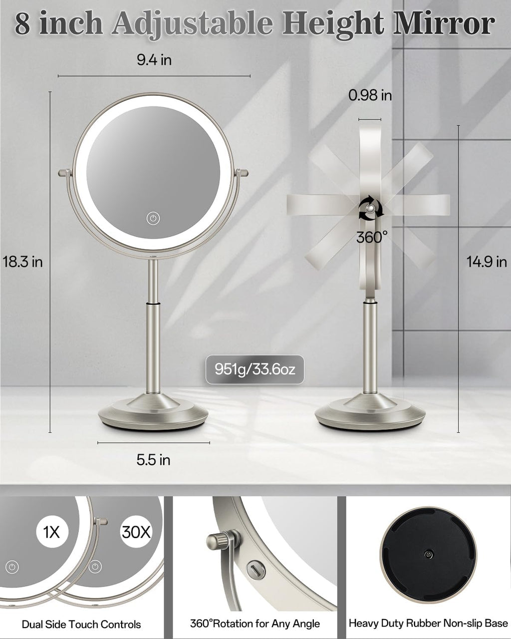 Espejo de maquillaje iluminado de 8 pulgadas con luz, espejo ajustable de altura de aumento 30X