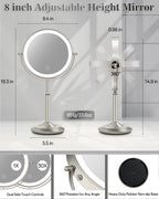 Espejo de maquillaje iluminado de 8 pulgadas con luz, espejo ajustable de altura de aumento 30X