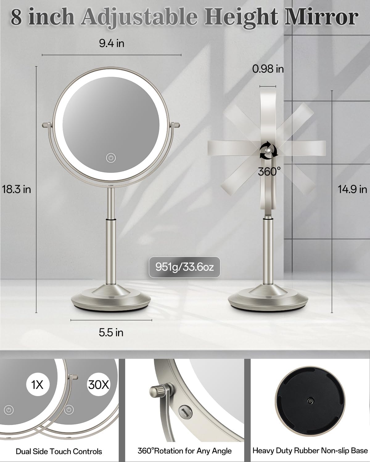 Espejo de maquillaje iluminado de 8 pulgadas con luz, espejo ajustable de altura de aumento 30X