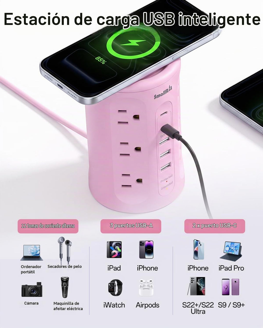 Regleta de alimentación con puertos USB, cable de extensión con múltiples salidas (12AC+3A+2C), estación de carga de torre de escritorio rosa de 6.5 pies para el hogar, oficina, dormitorio