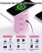 Regleta de alimentación con puertos USB, cable de extensión con múltiples salidas (12AC+3A+2C), estación de carga de torre de escritorio rosa de 6.5 pies para el hogar, oficina, dormitorio