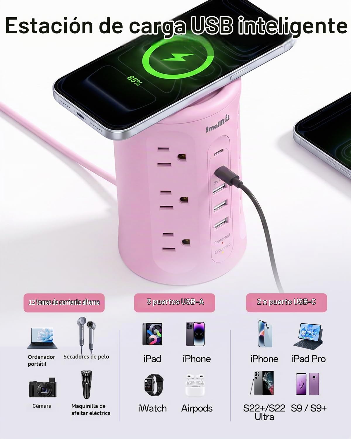Regleta de alimentación con puertos USB, cable de extensión con múltiples salidas (12AC+3A+2C), estación de carga de torre de escritorio rosa de 6.5 pies para el hogar, oficina, dormitorio