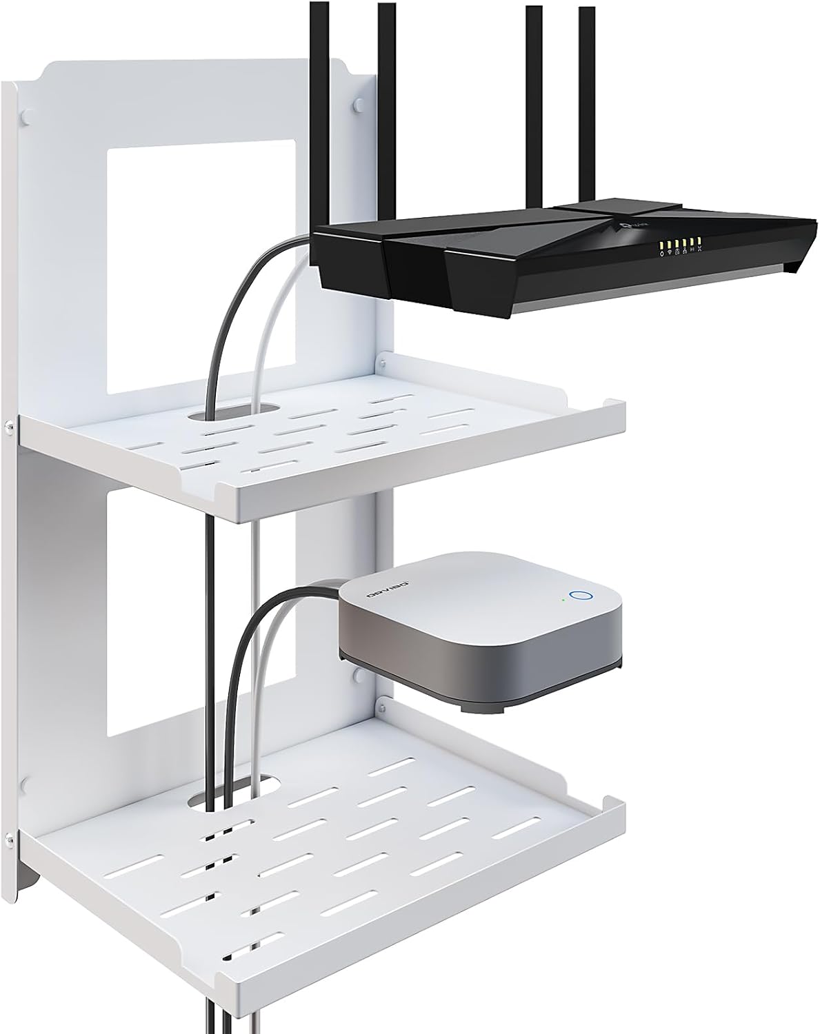 Estante de pared plegable de 2 niveles, estante de salida de metal de 10 pulgadas con agujeros para cables, organización y conexión de doble capa para enrutador y módem y decoración inteligente