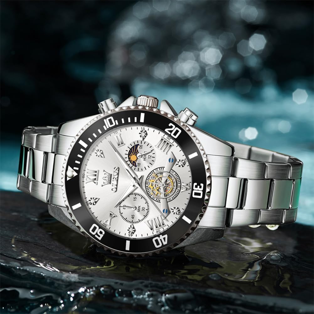 OLEVS Reloj de caballero Cronógrafo de lujo con fases de la luna, dos tonos, acero inoxidable, a prueba de agua, luminiscente, calendario empresarial, reloj de pulsera