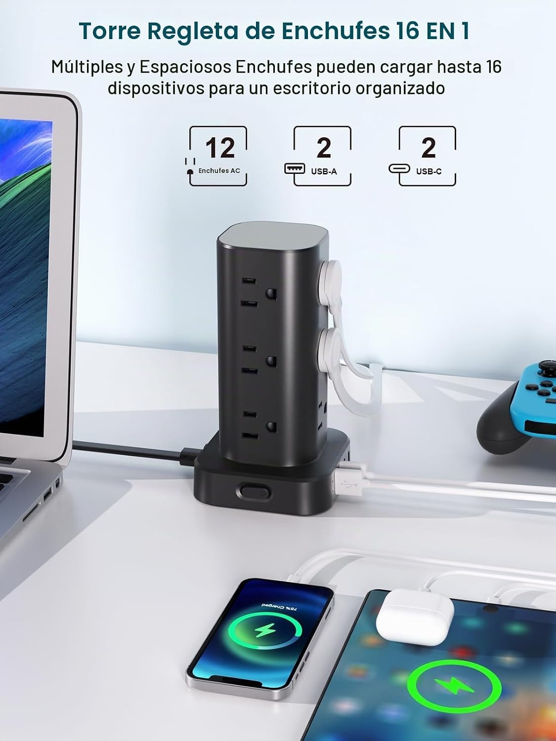 Regleta de alimentación de torre con múltiples salidas, protector de sobretensiones de enchufe plano, cable de extensión de torre con 12 tomas de CA, 4 puertos USB (2 USB C), cable de 6 pies