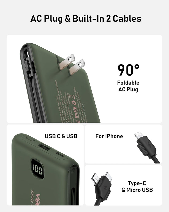 Cargador portátil de batería con cables integrados y enchufe de par...