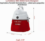 Koblenz WD-355K2 Aspiradora portátil de soplado húmedo y seco, tanque de 3 galones, 2.0 HP Designer Series Aspiradora con varios accesorios, rojo/blanco, 5 años de garantía