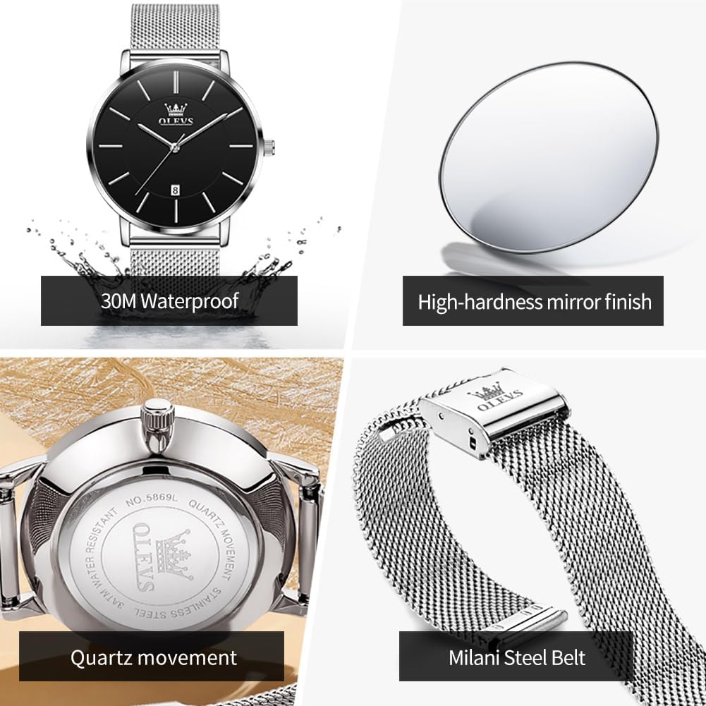 OLEVS Relojes de Hombre de Cuero Negro Ultrafinos 6.5 mm Minimalista Vestir Simple Moda Casual Resistente al Agua con Fecha