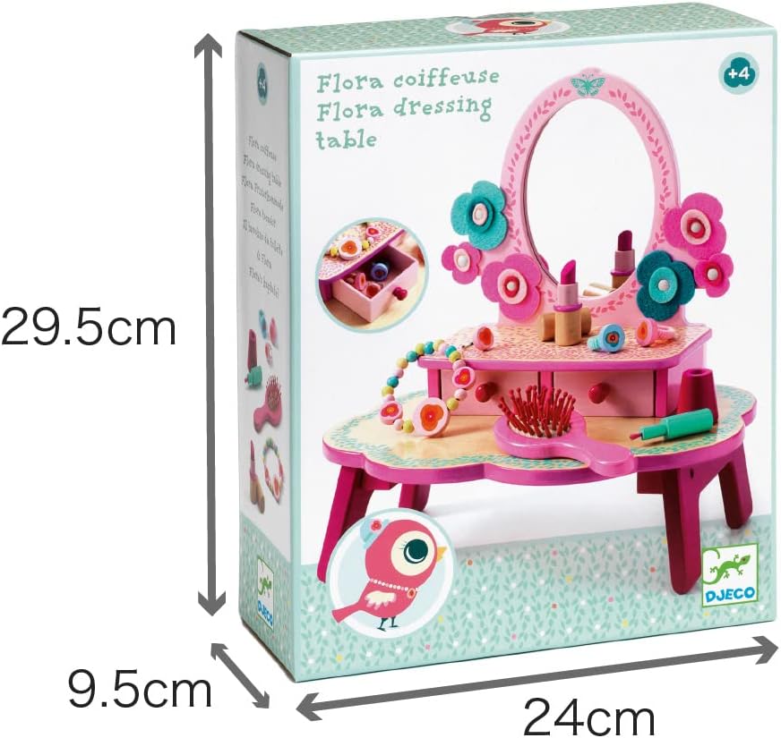 DJECO, Tocador de madera para niñas, tocador de juego de simulación floral