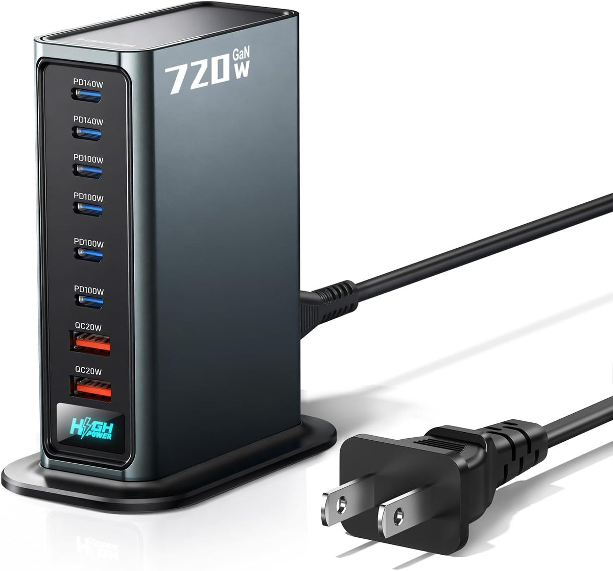 Rocoren 720W GaN - Estación de carga de 8 puertos, doble PD 140W bloque de carga rápida