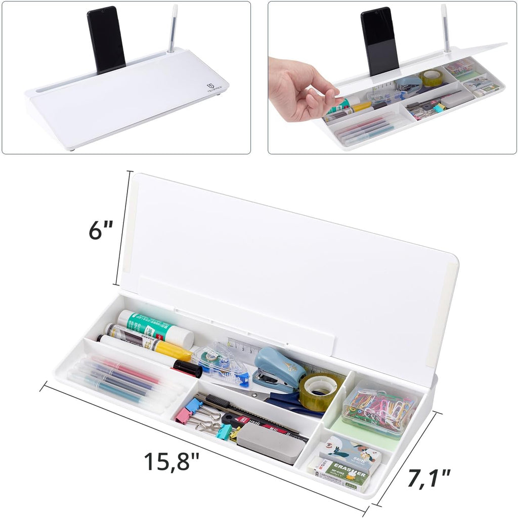 Pizarra blanca de escritorio pequeña, tablero de borrado en seco de cristal, soporte para teclado de computadora, almohadilla de superficie blanca con cajón, organizadores de escritorio con