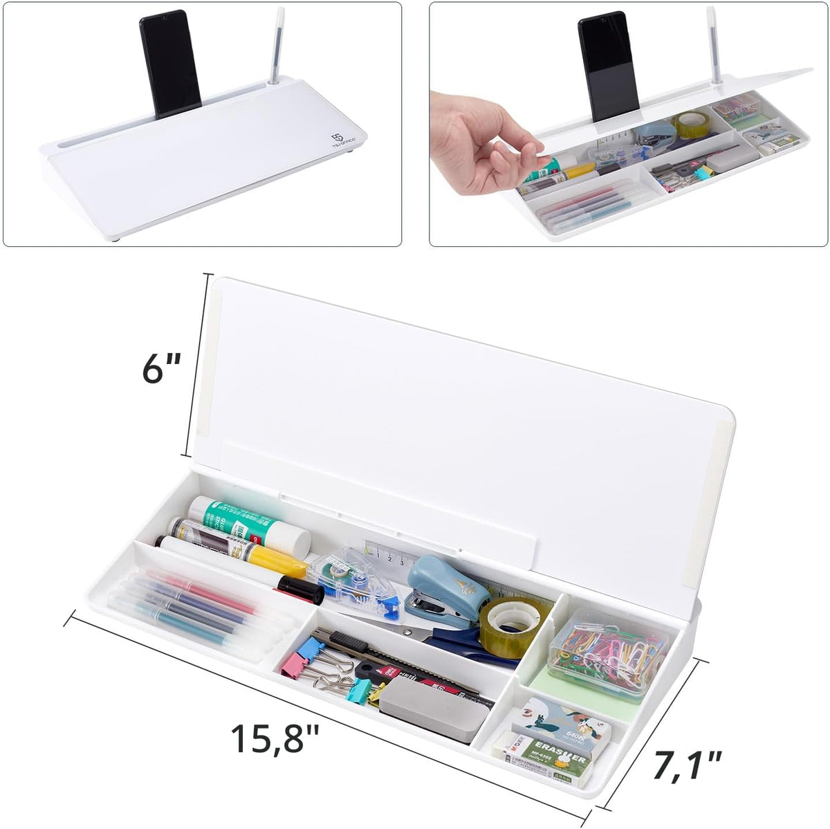 Pizarra blanca de escritorio pequeña, tablero de borrado en seco de cristal, soporte para teclado de computadora, almohadilla de superficie blanca con cajón, organizadores de escritorio con