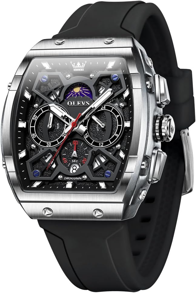 OLEVS Relojes para Hombre Casual Lujo Cara Grande Cronógrafo Multifuncional Relojes de Hombre Correa de Silicona/Nylon Duradera 3 ATM Resistente al Agua Reloj de Hombre Fecha Fase Lunar Reloj