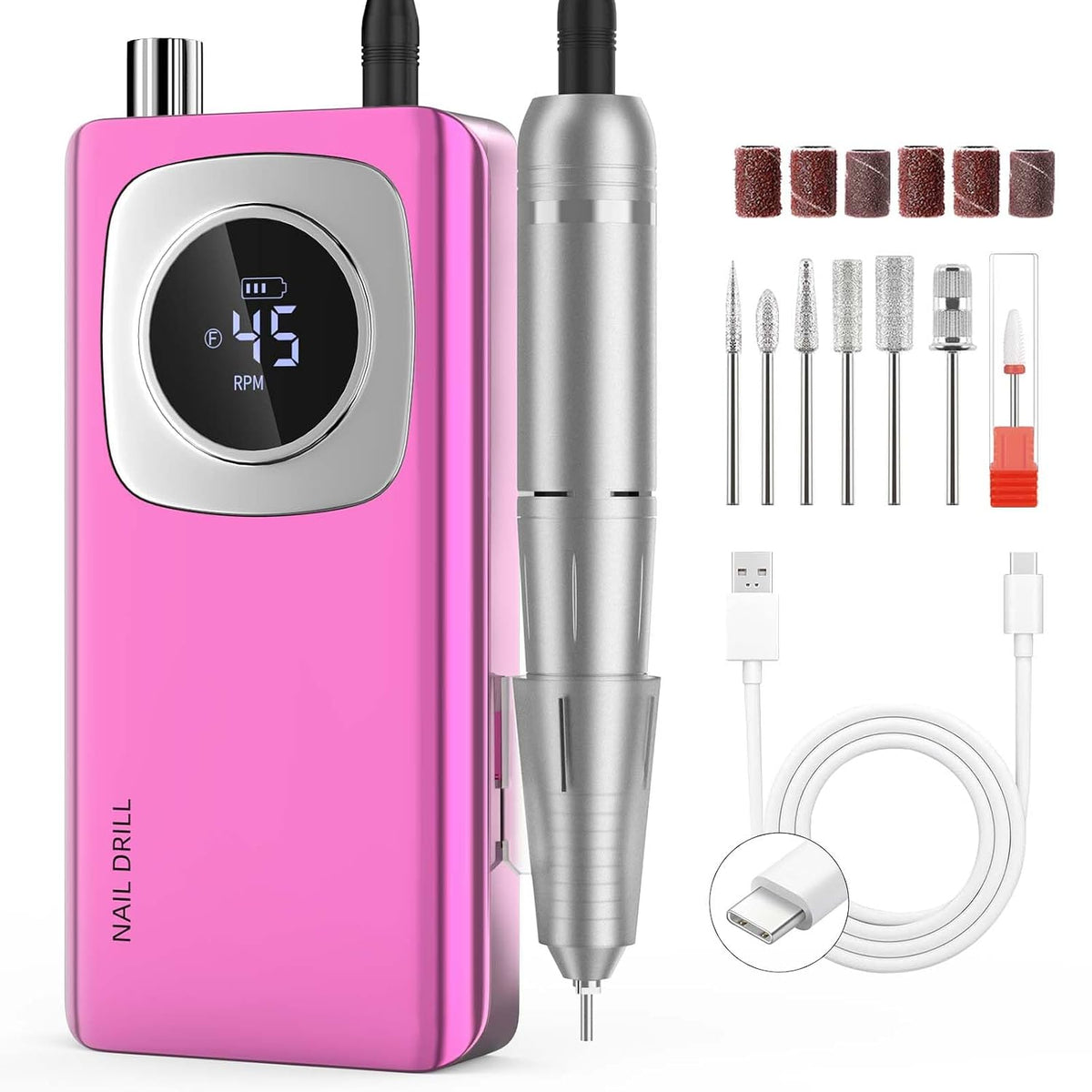 Taladro de uñas eléctrico profesional: lima de uñas recargable con brocas para uñas de gel acrílico, herramientas de forma de pulido profesional para manicura y pedicura para el salón del hogar