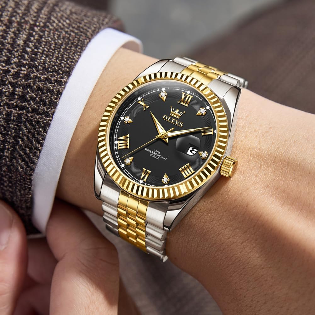 OLEVS Reloj Clásico para Hombre Diamante Analógico Lujo Acero Inoxidable a Dos Tonos Resistente al Agua con Fecha Luminous para Hombres