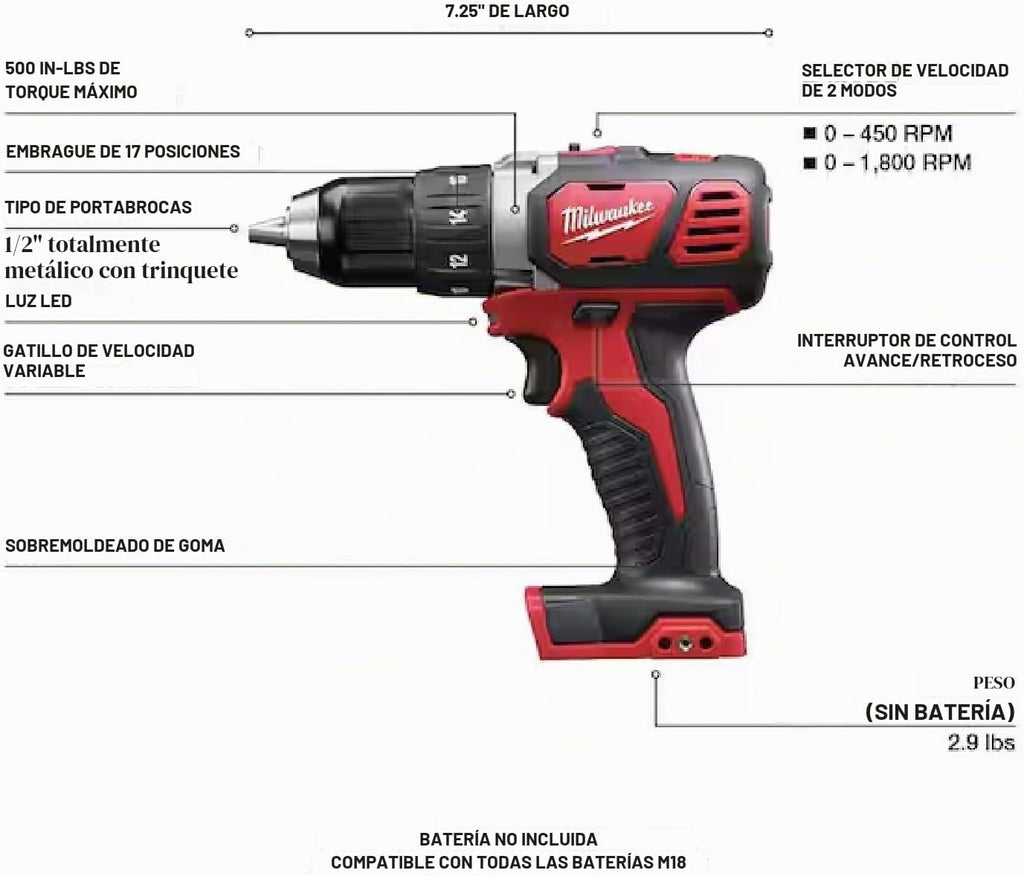 Taladro y controlador inalámbrico, simple, 18 V, 1/2 pulgada. Modelo 2606-20