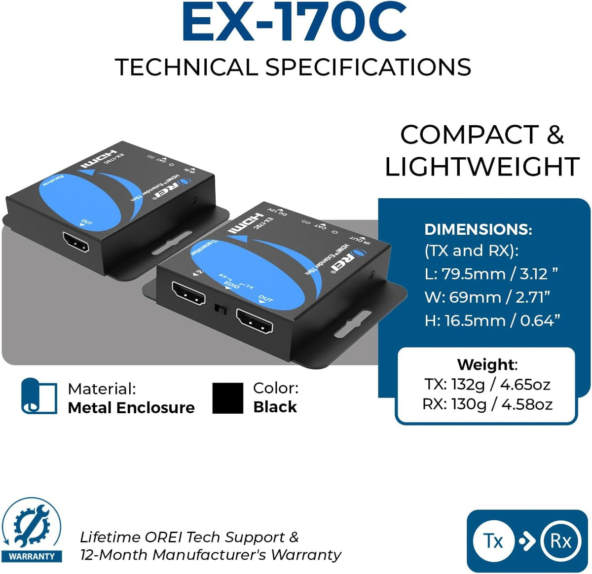OREI Extensor HDMI sobre Cat5 165 pies - 4K @30Hz con IR, Loop Out, EDID