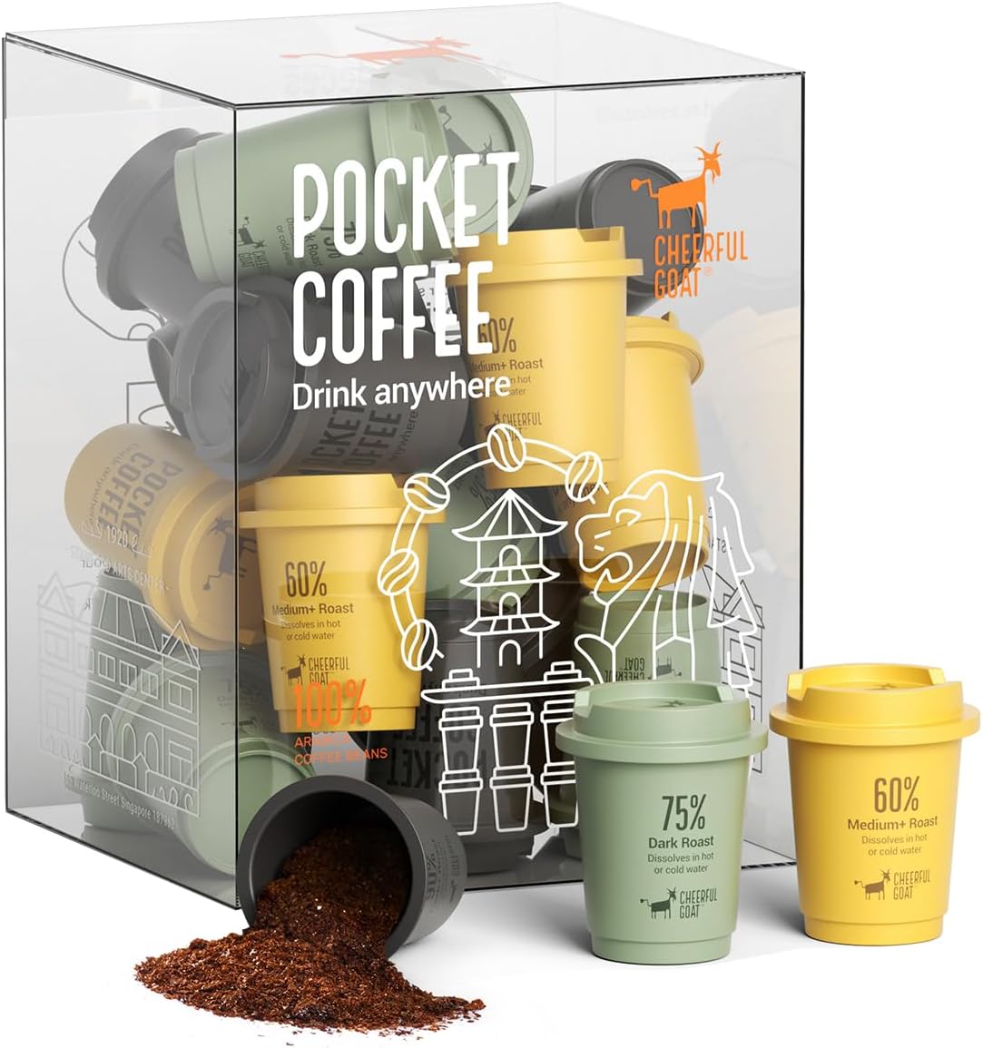 CHEERFUL GOAT Instant Cold Brew Coffe - Taza de viaje de café con forro de cerámica, café de bolsillo especial 100% arábica, liofilizado para una máxima frescura, sin azúcar, sin aditivos