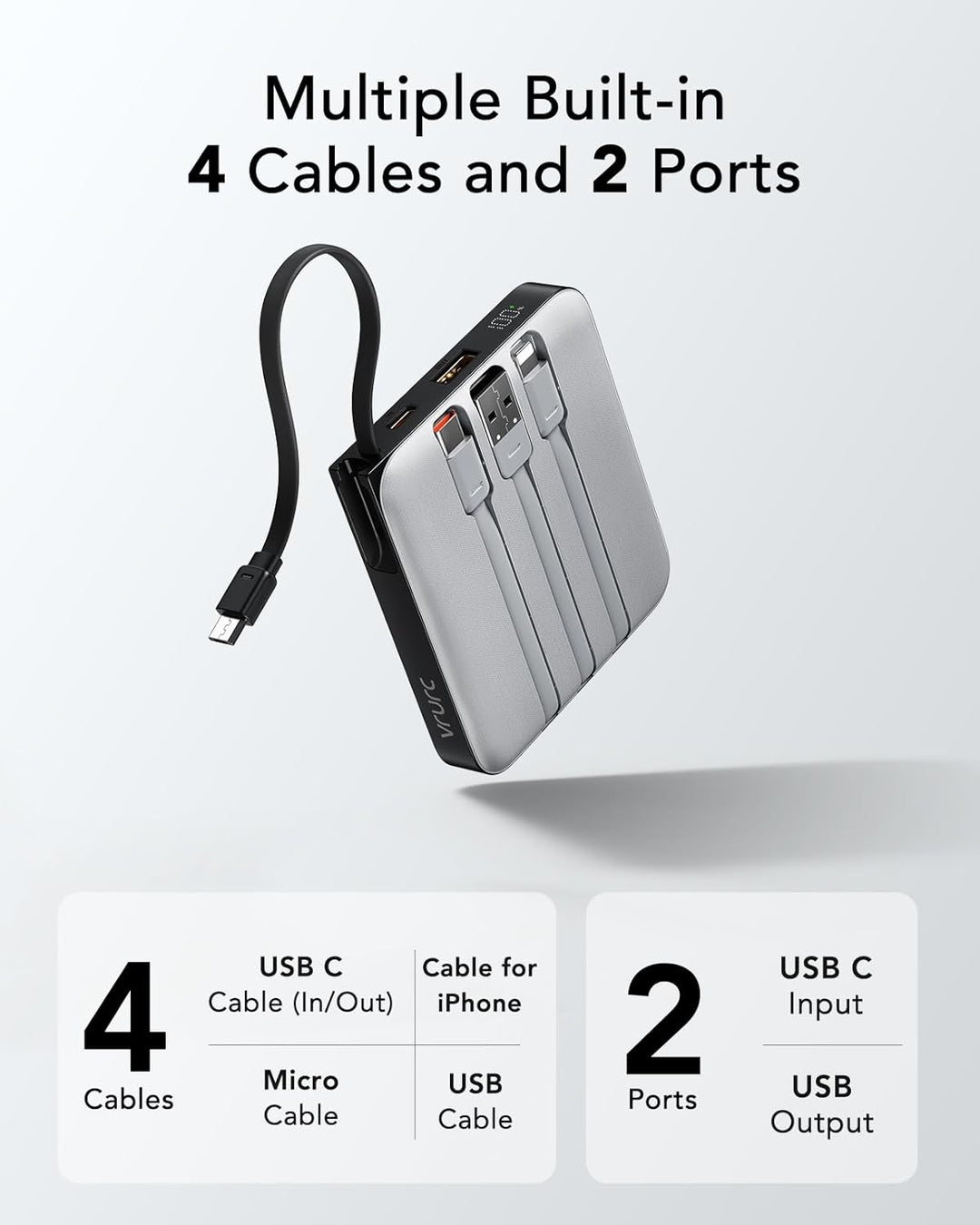 VRURC - Cargador de teléfono portátil con 4 cables integrados, banc...