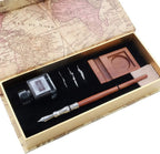GC Pluma de madera antigua Pluma de caligrafía hecha a mano Juego de bolígrafos de punta de inmersión Estuche de escritura con pluma de tinta negra Cartuchos de soporte de madera LL-184