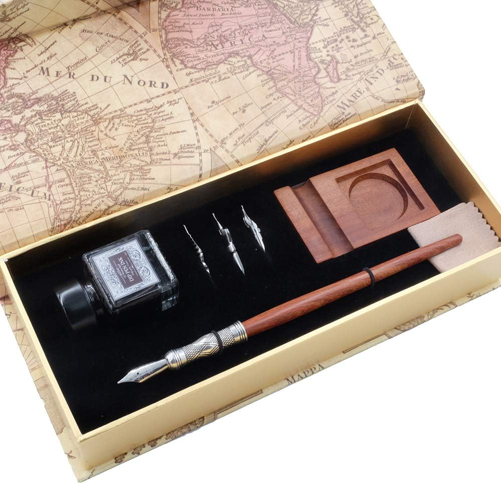 GC Pluma de madera antigua Pluma de caligrafía hecha a mano Juego de bolígrafos de punta de inmersión Estuche de escritura con pluma de tinta negra Cartuchos de soporte de madera LL-184