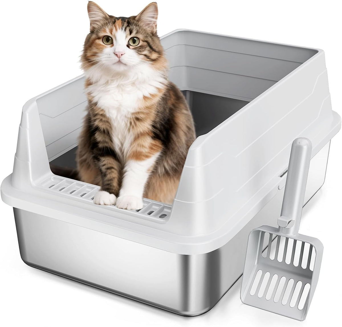 Caja de arena para gatos de acero inoxidable, caja de arena de metal fácil