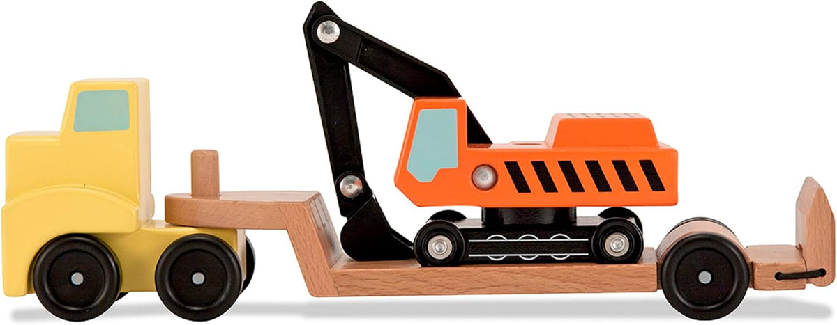 Melissa & Doug Juego de vehículos de madera para remolque y excavadora (3 piezas)