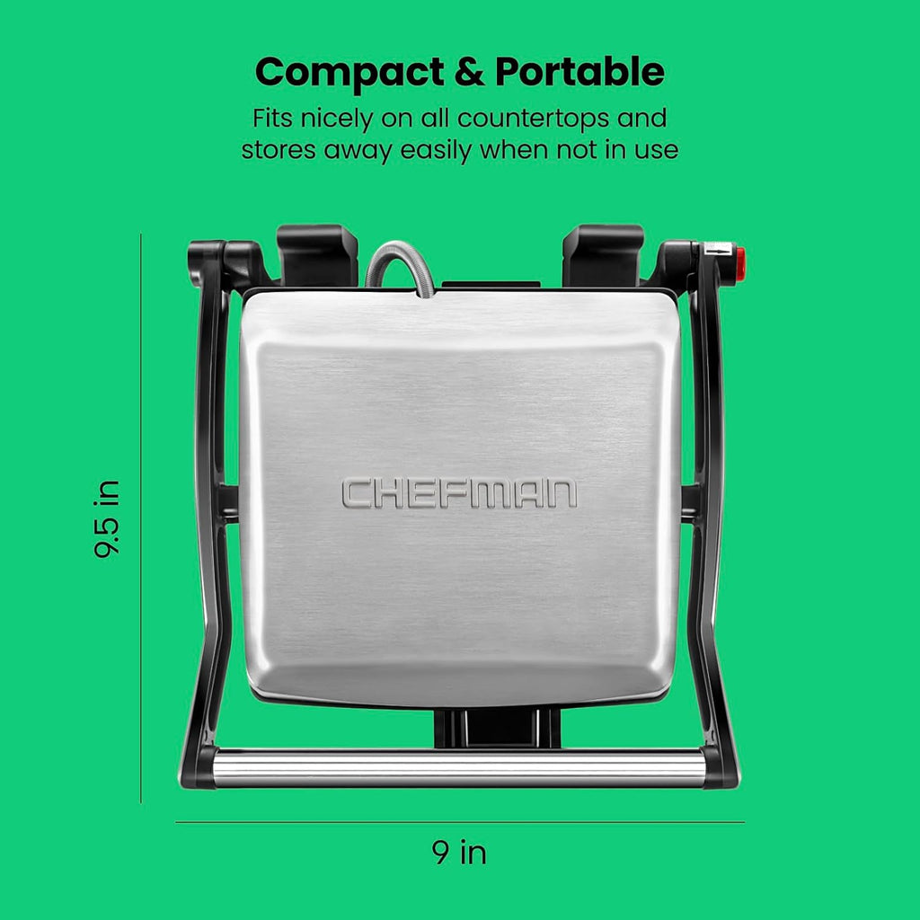 Chefman Parrilla Prensa para Panini y Sandwichera Gourmet con Placas Recubiertas Antiadherentes, se Abre 180 Grados para Adaptarse a Cualquier Tipo o Tamaño de Alimento, Superficie de Acero Inoxidable