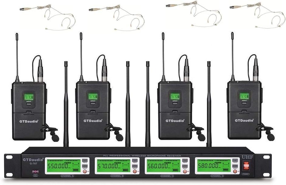 GTDaudio 4x800 Sistema de micrófono inalámbrico UHF de canales ajus...