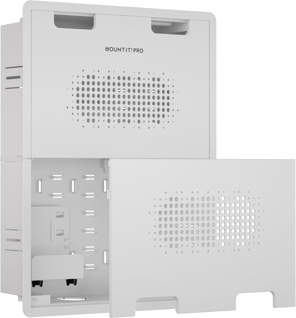 Mount-It! PRO Caja de TV Empotrada de 17", Gabinete de Medios en Pared con 4 Perforaciones para Tomacorrientes, Caja Grande Ventilada para Equipo de Cine en Casa, Router, Cable, Samsung One Connect