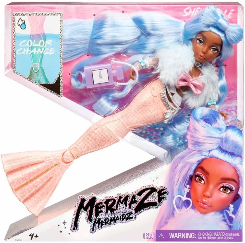 MERMAZE MERMAIDZ Muñeca de sirena Shellnelle que cambia de color con atuendo y accesorios de diseñador, cabello elegante y cola esculpida, posable, multicolor, 580829