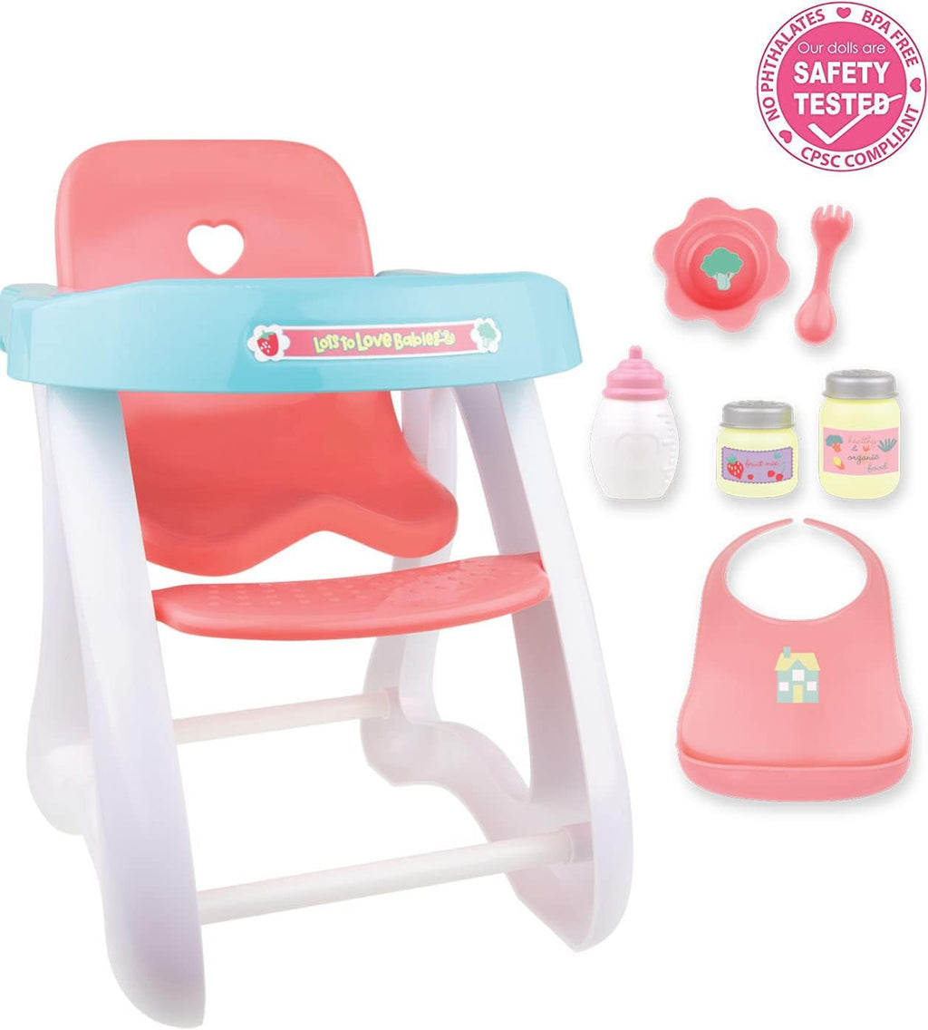 JC Toys - Cuna mecedora y accesorios para muñeca, Juego de sillas altas rosa/azul