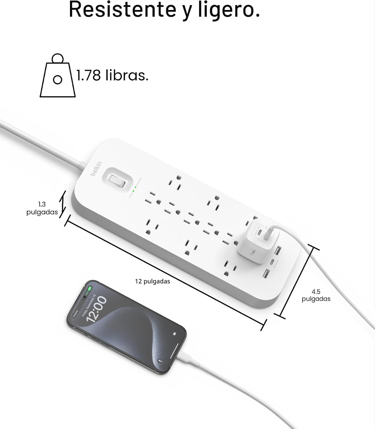 Belkin Regleta de protección contra sobretensiones de 12 salidas con 12 salidas de CA, 2 puertos USB-A y 1 puerto USB-C, cable de 6 pies, certificado UL con protección contra sobrecarga y sobretensión
