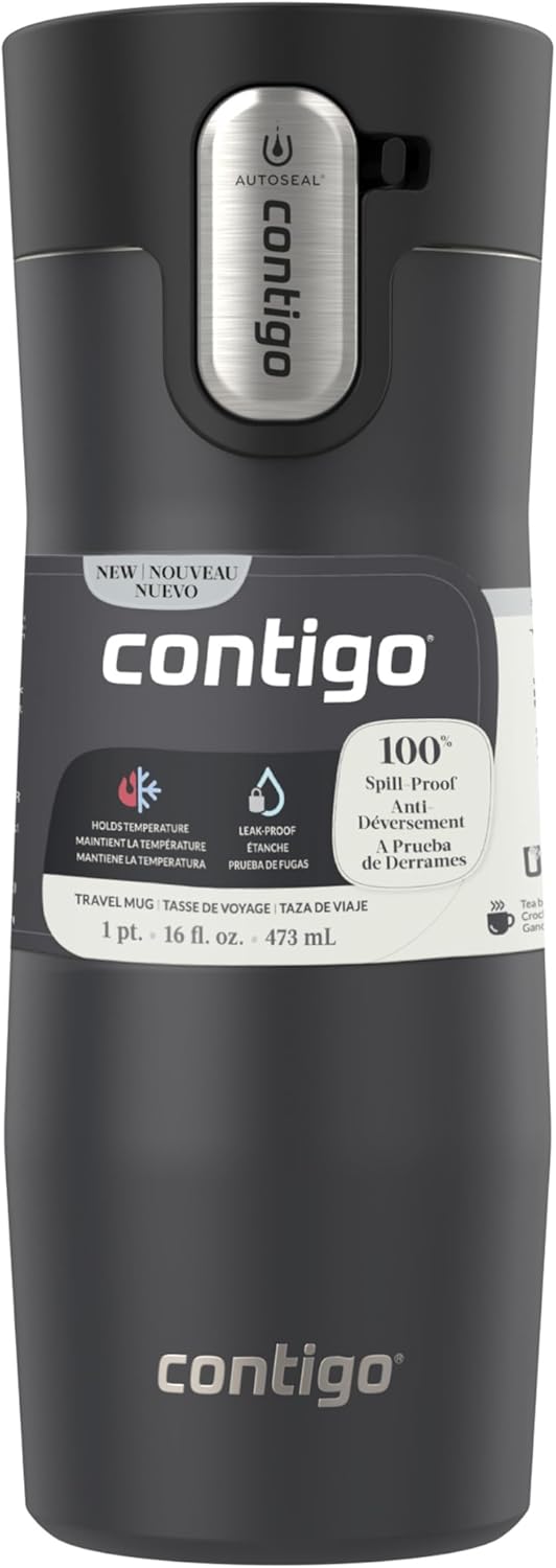 Contigo West Loop - Taza de viaje aislada de acero inoxidable 3.0, a prueba de fugas con tapa de sellado automático, 16 onzas, negro mate