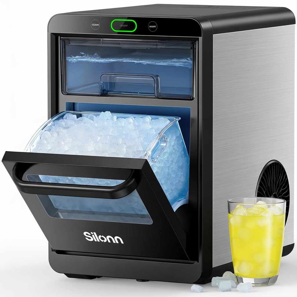 Silonn Nugget Ice Maker - Máquina de hielo triturado/guijarro de 44 libras/24 horas, tanque de agua frontal extraíble y cesta extraíble, acabado de acero inoxidable para cocina del hogar