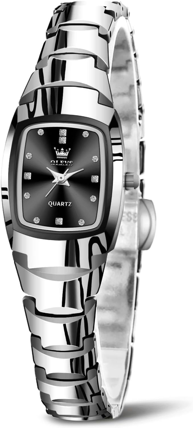 OLEVS Reloj para mujer Elegante de cara cuadrada pequeña con eslabones de acero tungsteno correa de pulsera, reloj de muñeca para damas, impermeable, luminoso, analógico de cuarzo de precisión, elegante reloj de vestir, joyería de lujo delicada