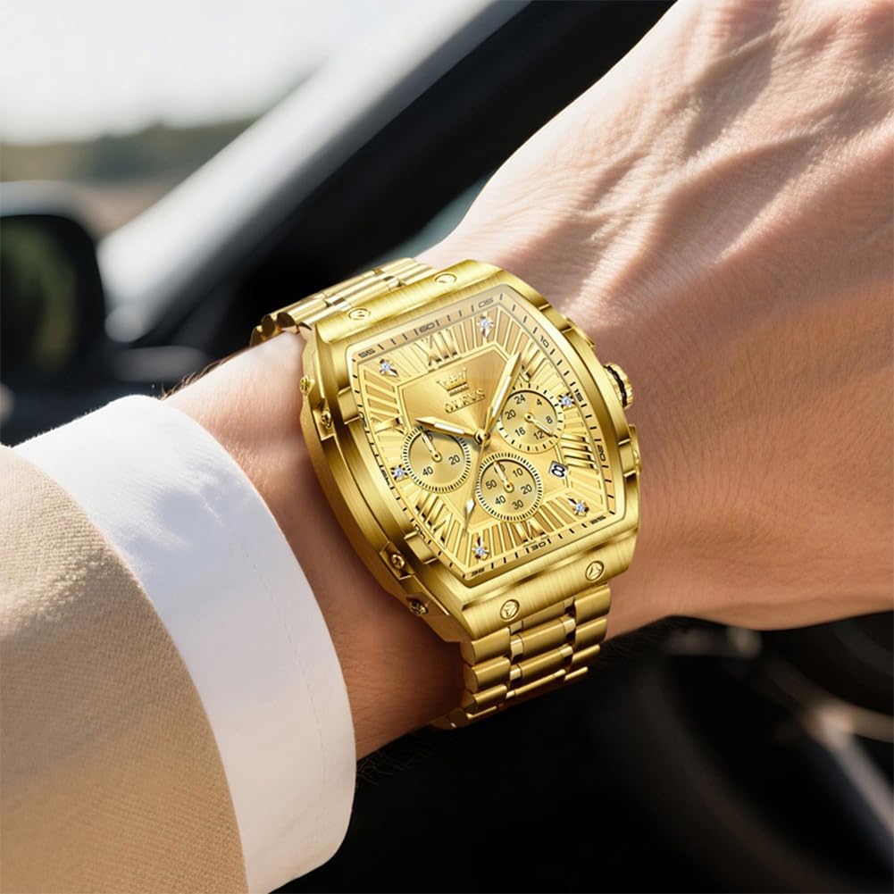 OLEVS Reloj para Hombres Analógico Cuarzo Lujo Diamante Resistente al Agua Cronógrafo Acero Inoxidable Carita Grande Cuadrado Fecha Fase Lunar Romano Relojes de Vestir para Hombres