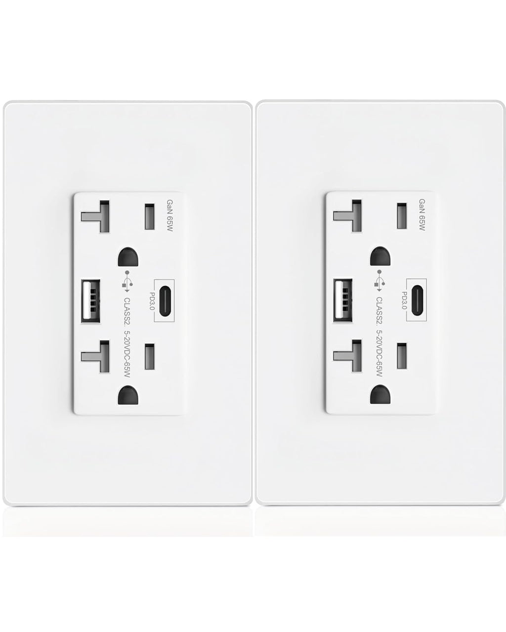 GaN - Toma de pared USB de 65 W, 6 amperios, 2 puertos, receptáculo resistente a manipulaciones de 20 amperios con 1 puerto USB tipo C y 1 puerto tipo A, cargador USB para laptop USB-C