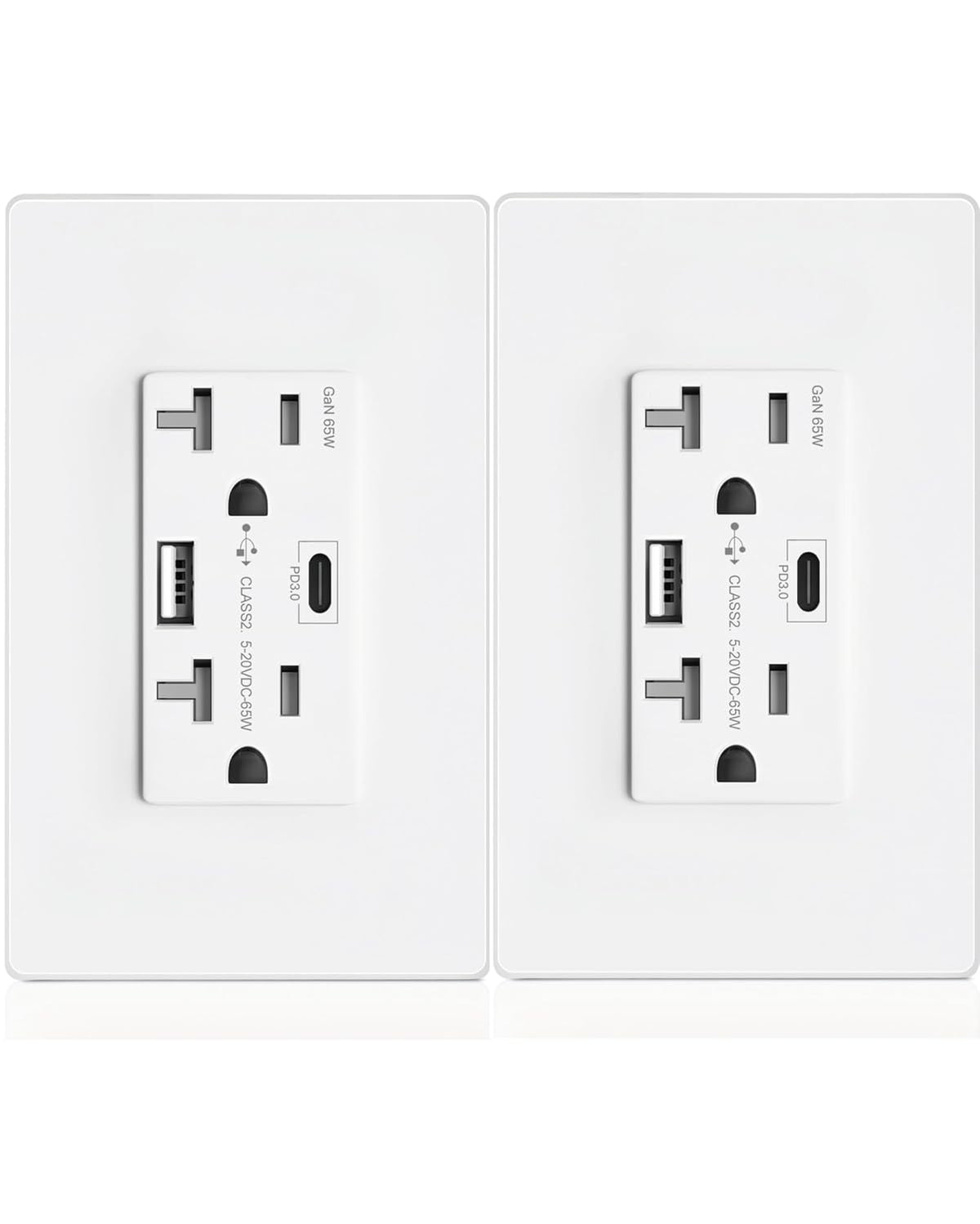 GaN - Toma de pared USB de 65 W, 6 amperios, 2 puertos, receptáculo resistente a manipulaciones de 20 amperios con 1 puerto USB tipo C y 1 puerto tipo A, cargador USB para laptop USB-C