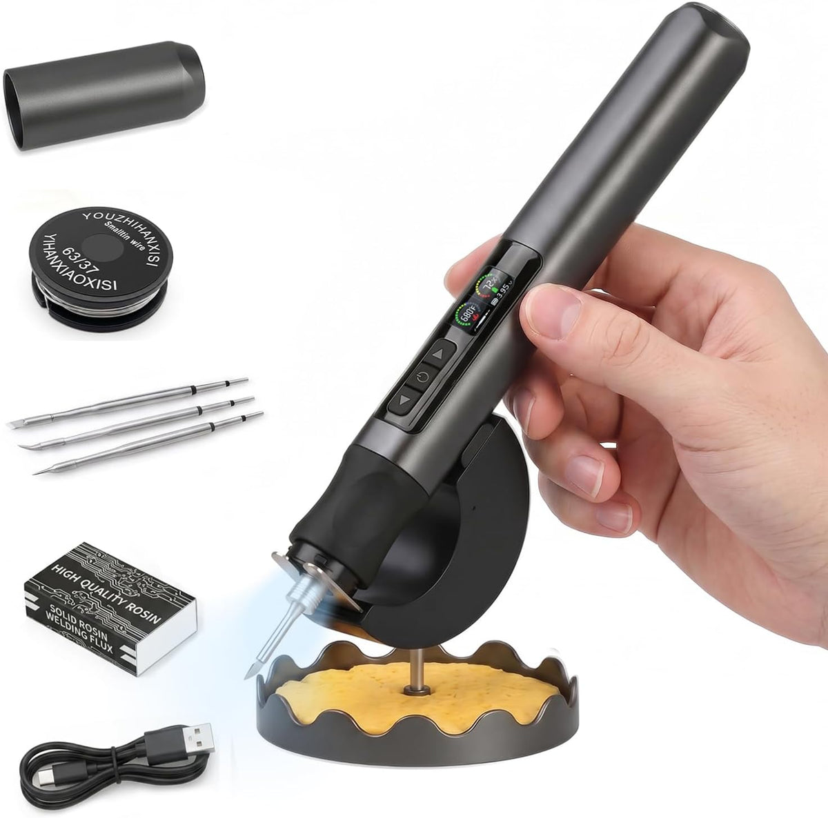 Kit de soldador, hierro de soldadura inalámbrico de 75 W con luz LED, calentamiento rápido 5s, soporte de recarga magnético, 3 puntas de soldadura, apagado automático, soldador para reparación de
