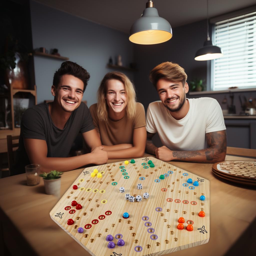 HOROW Wahoo - Juego de mesa original de madera de 23.6 pulgadas, clásico juego de pista rápida pintado de 2 lados para 4 jugadores y 6 jugadores con 30 canicas, 6 dados para noche de juegos familiares (extra grande)