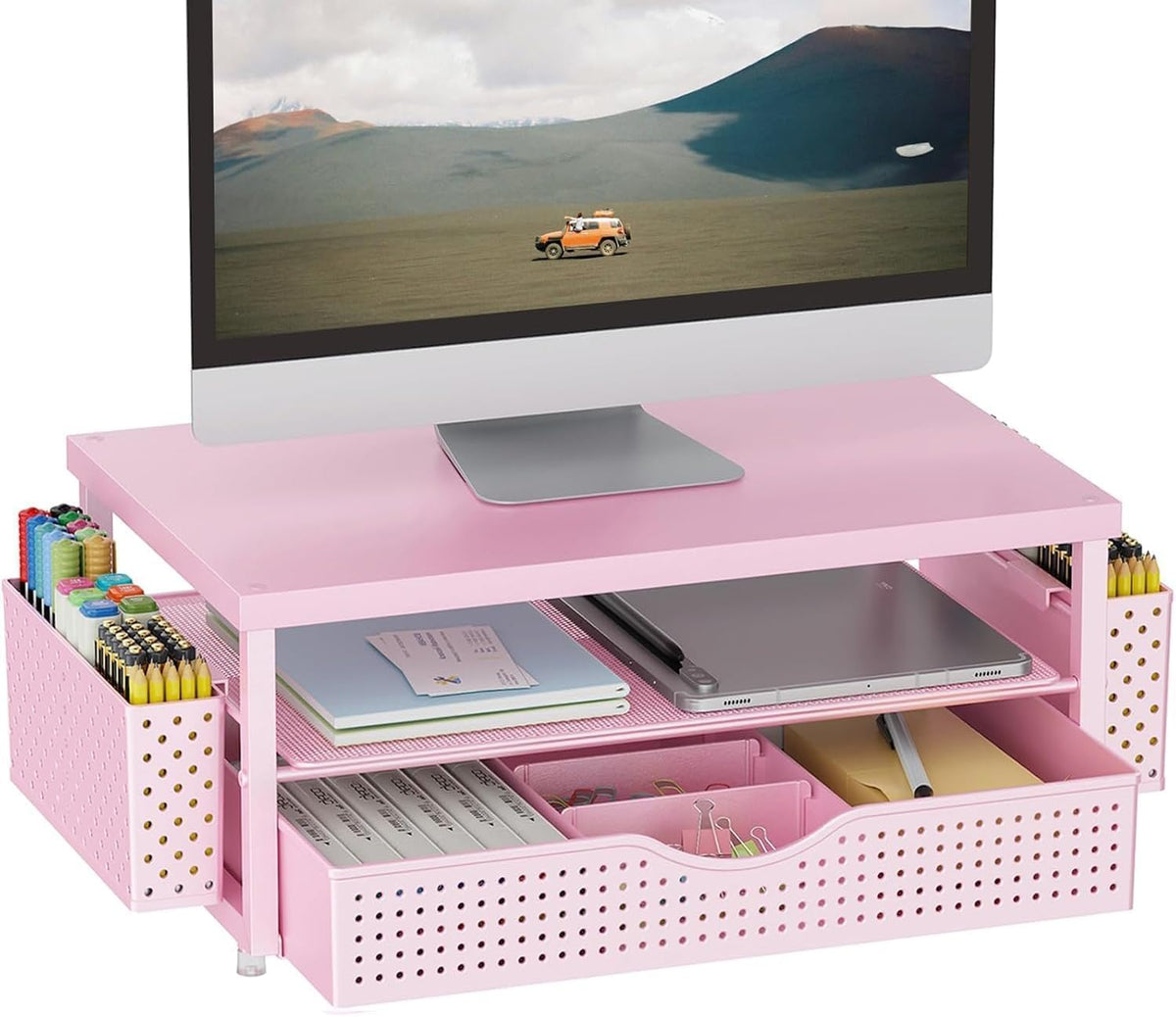 gianotter - Soporte para monitor con cajón y 2 soportes para bolígrafos (color rosa mate)