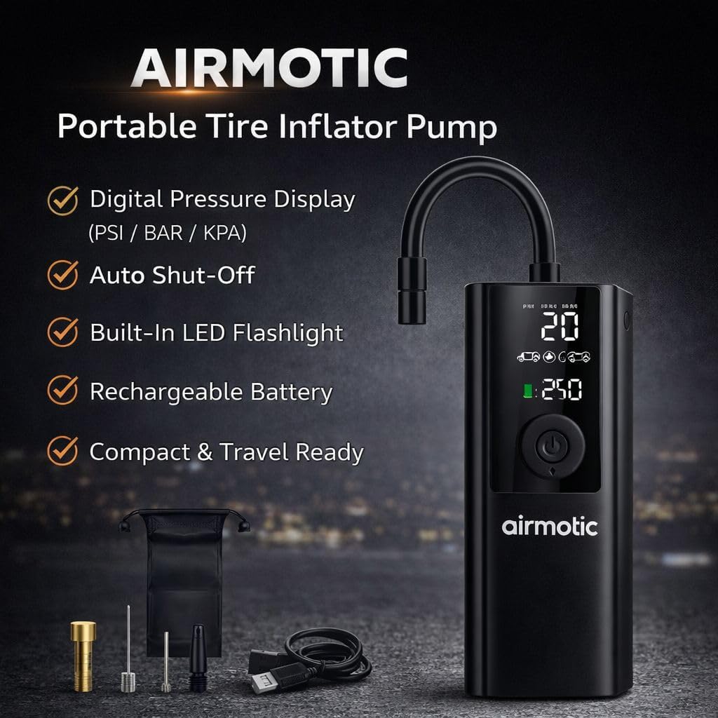 Airmotic Compresor de aire portátil para inflador de neumáticos, bo...